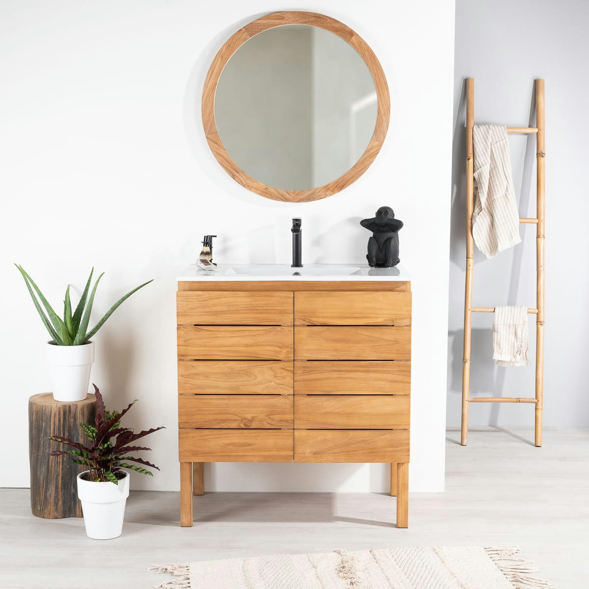 - Meuble salle de bain en teck massif et céramique L 80 cm