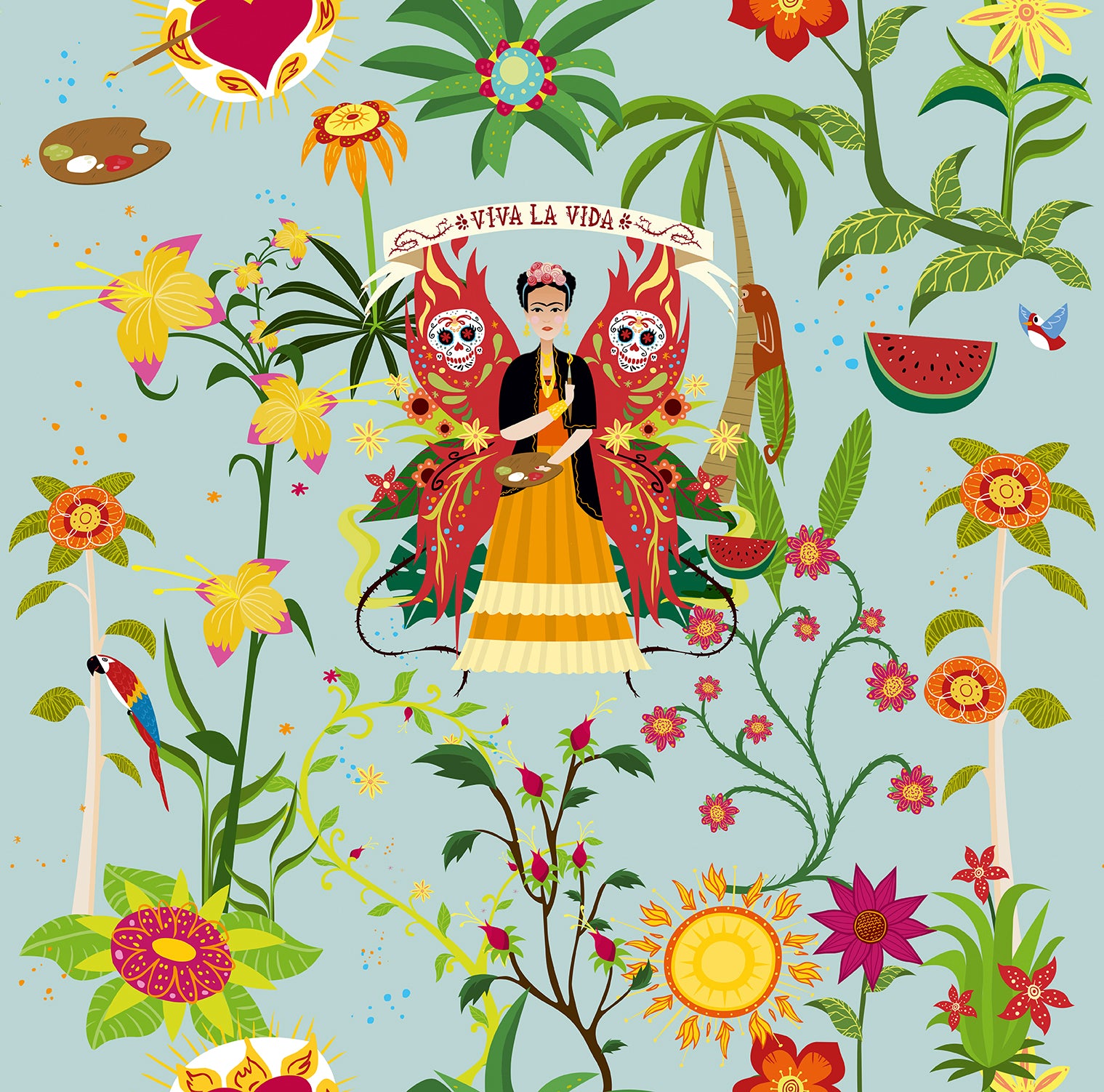 Walls4You behang tropische bladeren en bloemen lichtblauw en meerkleurig - 53 cm x 10 m - 640124