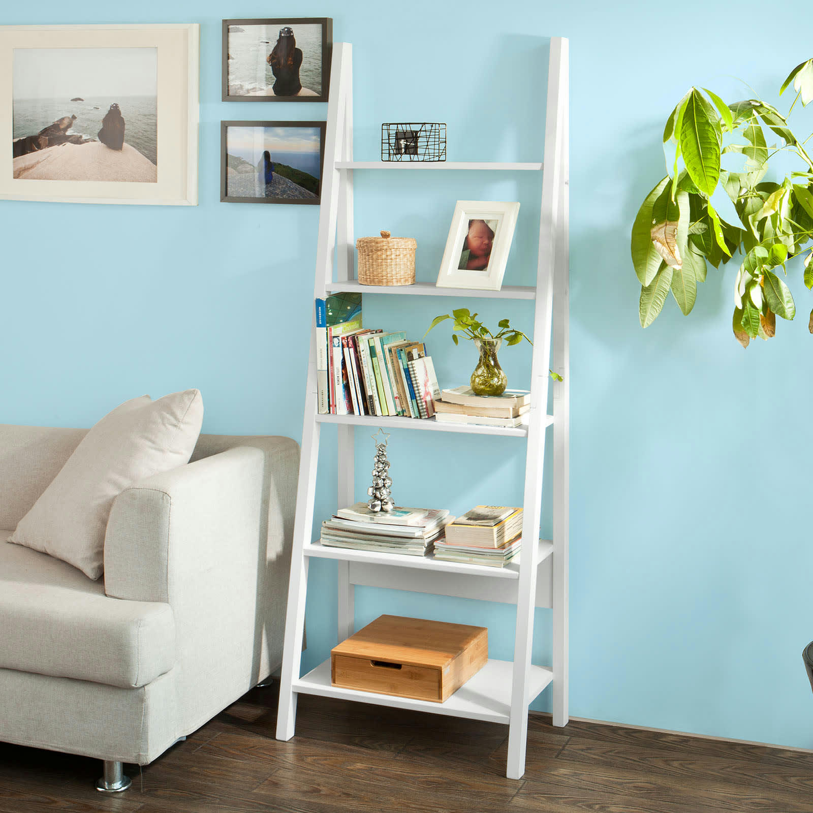 - Étagère style échelle avec 5 étages effet bois blanc