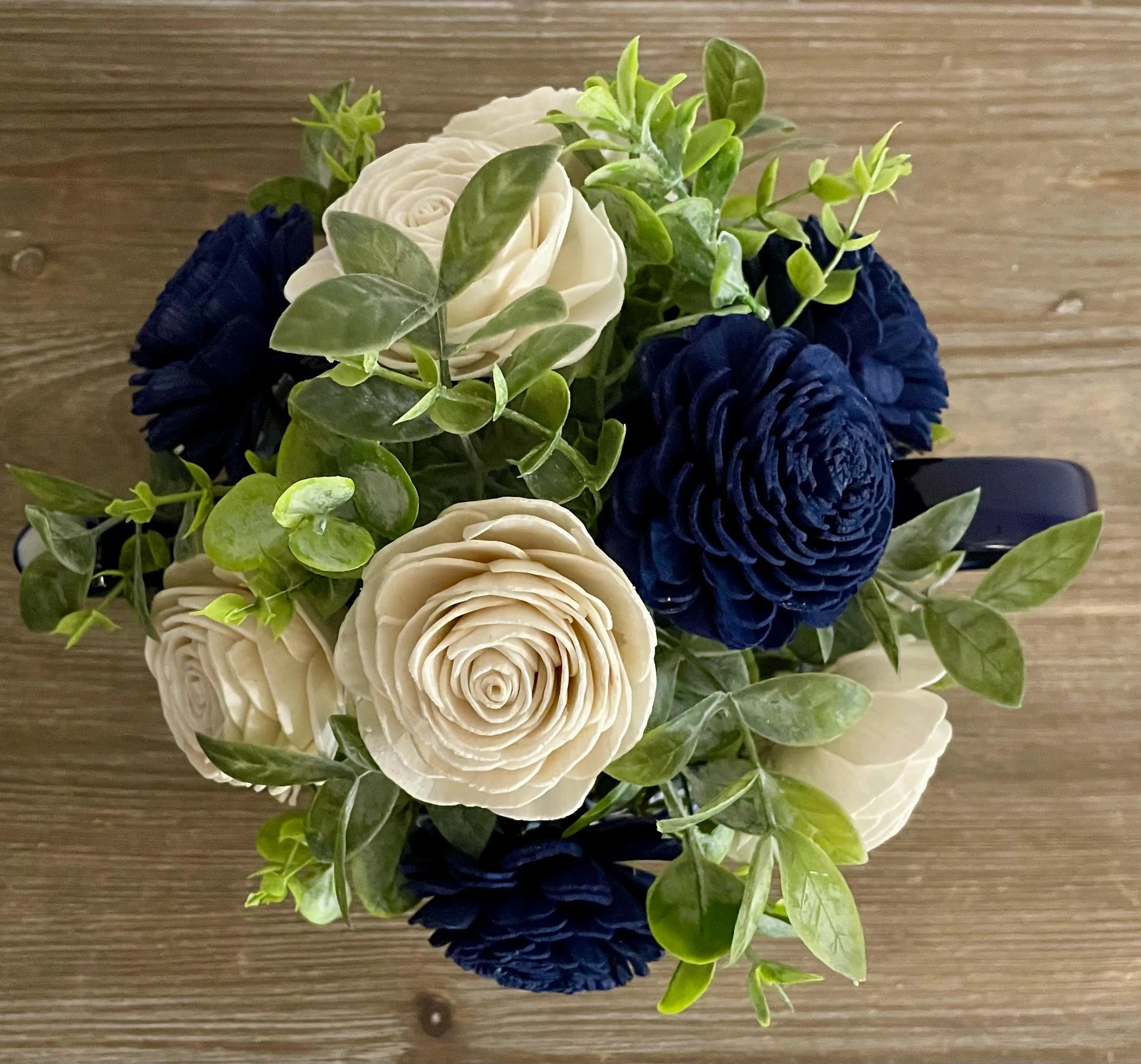 Sola Wood Flower Arrangement, Blue and White Teapot Centerpiece, Handmade Forever Flowers, Rustic Home Decor, Faux Flower
