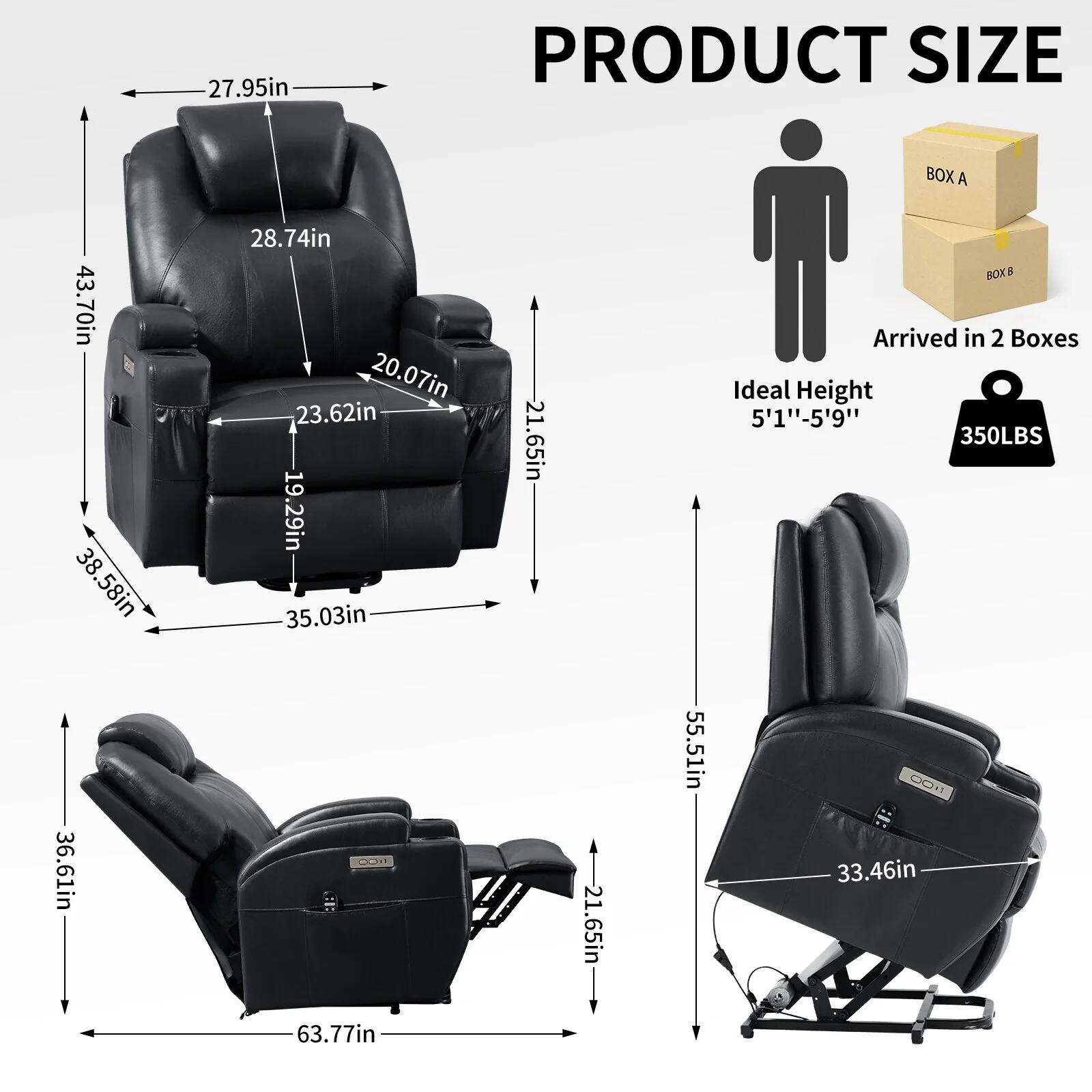 Black Power Lift Recliner with Dual USB Ports, 8-Point Massage, Lumbar Heating, Cup Holders, and Quiet Okin Motor