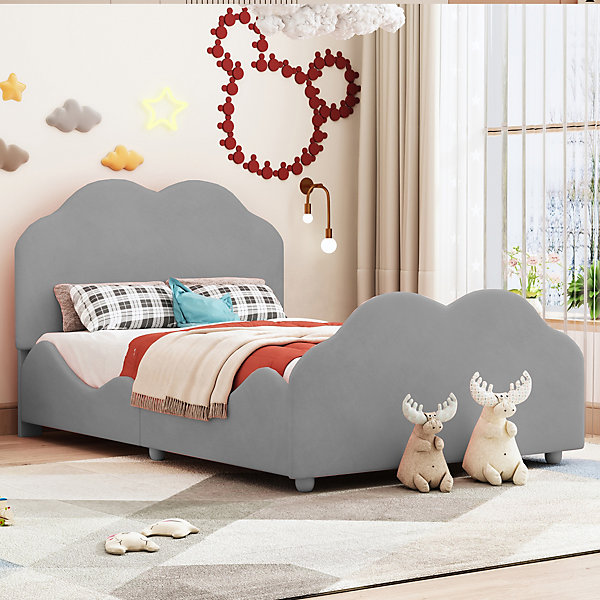 Lit simple 90 sur 200 cm cadre avec barrières tête et pied en forme de nuage en velours doux gris