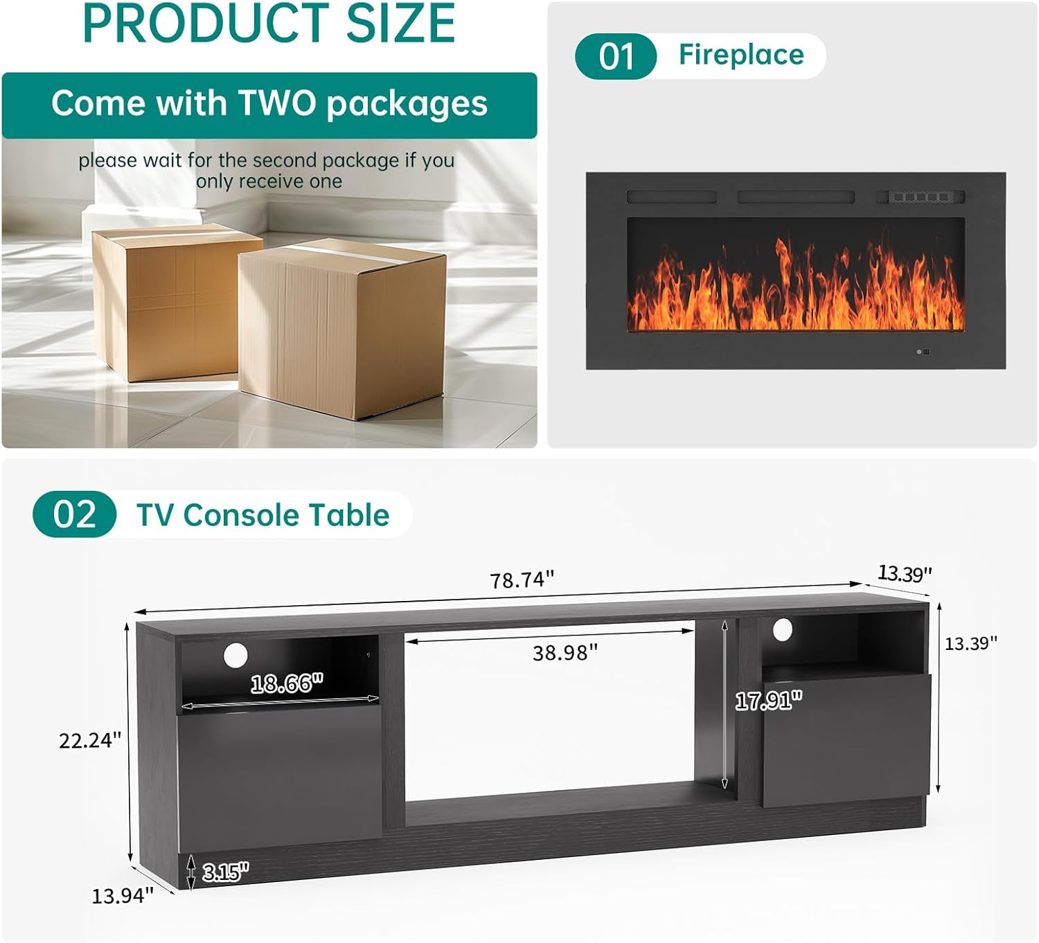 MXV 80 Fireplace TV Stand for TVs Up to 90, LED Light Entertainment Center with 36 Electric Fireplace, Modern Wood Texture TV Media Console with Highlight Storage Cabinet, Black+Black