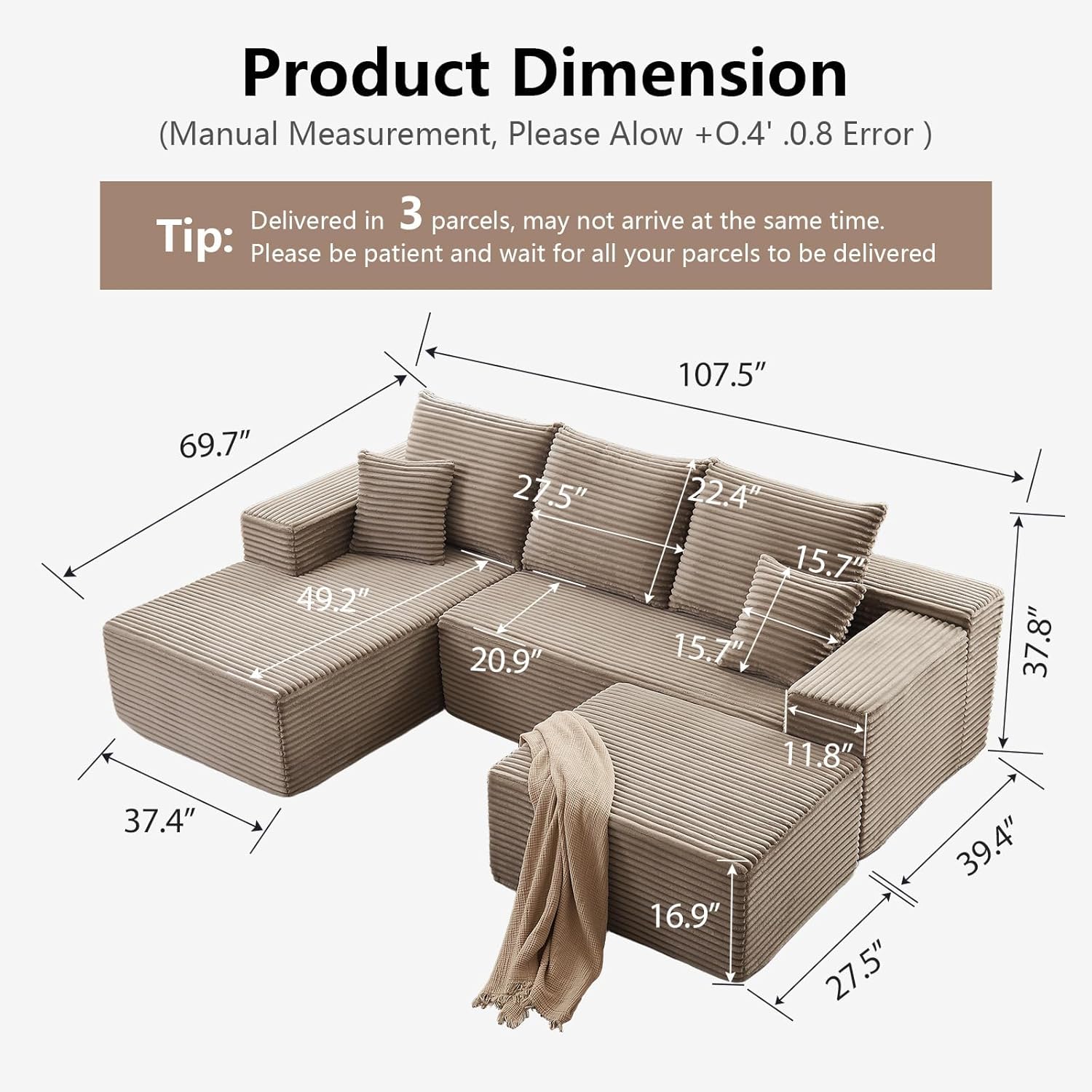 107 Cloud Modular Sectional Couches, Modern Convertible U Shaped Couch, 3 Seat Corduroy Comfy Deep Seat Sectional Sofa Oversize Deep Seat Sofa Camel
