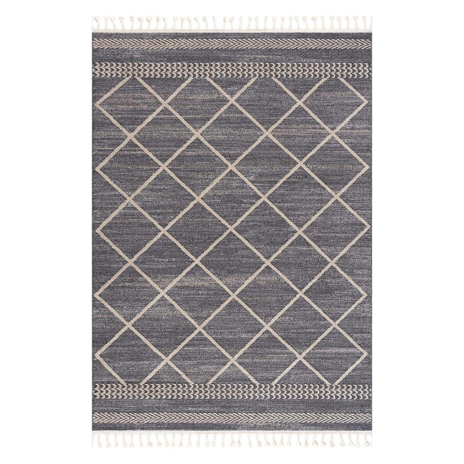 FLÄT - Tapis géométrique à franges tressées gris et crème 80x150cm