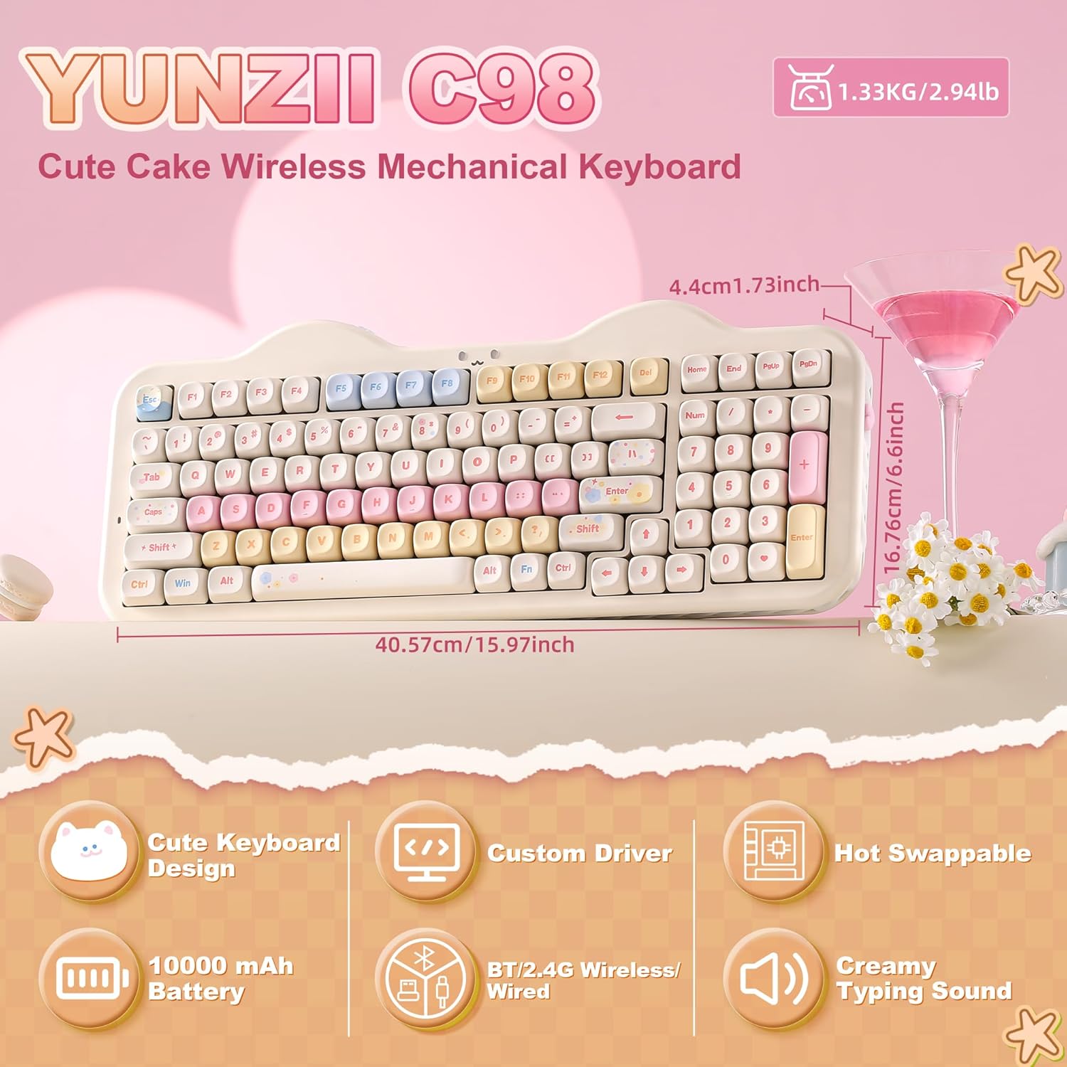 YUNZII C98 Wireless Mechanical Keyboard with Number Pad,99 Key BT5.0/2.4G/USB-C Hot Swap Gasket Mount with PBT MOA Keycaps,Custom RGB,Cute Cake Keyboard for Win/Mac (Beige, Milk V2 Linear Switch)