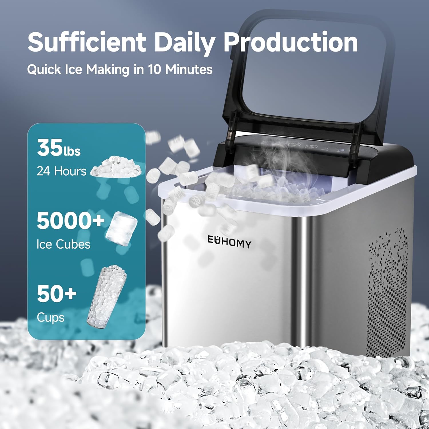 EUHOMY Nugget Ice Makers Countertop, Ready in 8 Mins, 35lbs/24H, Self-Cleaning, Portable Ice Maker Machine with Ice Scoop & Basket, Sonic Ice Maker with Chewable Pellet Ice for Home/Party/RV/Camping