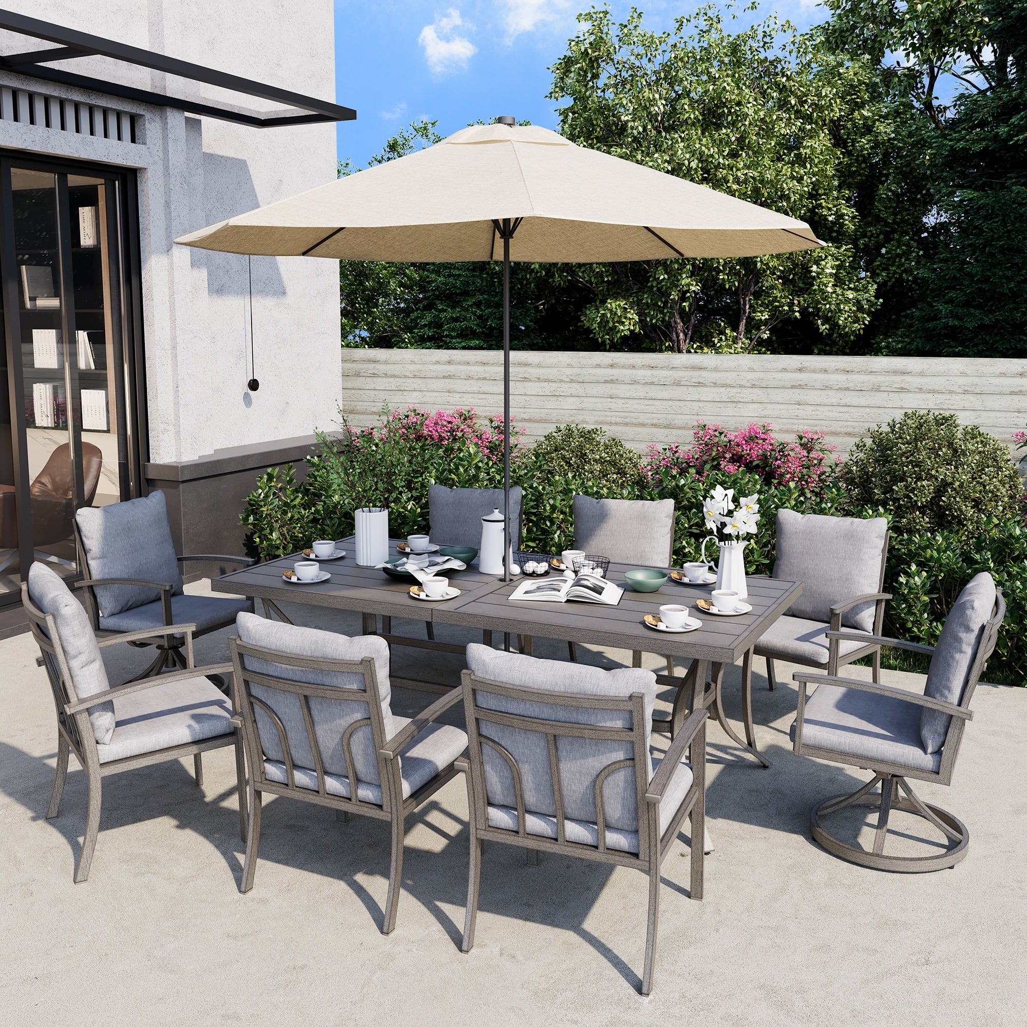 9-Piece Aluminum Patio Dining Set with 2 Swivel Dining Chairs and 6 Dining Chairs and Washable Cushions