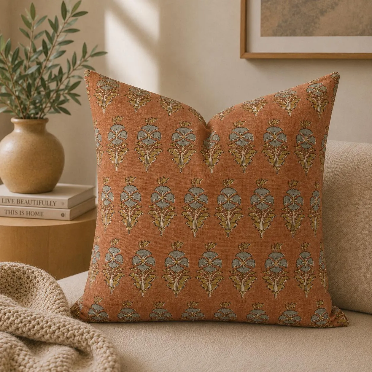 Hand Block Print Pillow Cover, Rust Floral Organic Cotton Cushion, Indian Decor Sofa Pillow