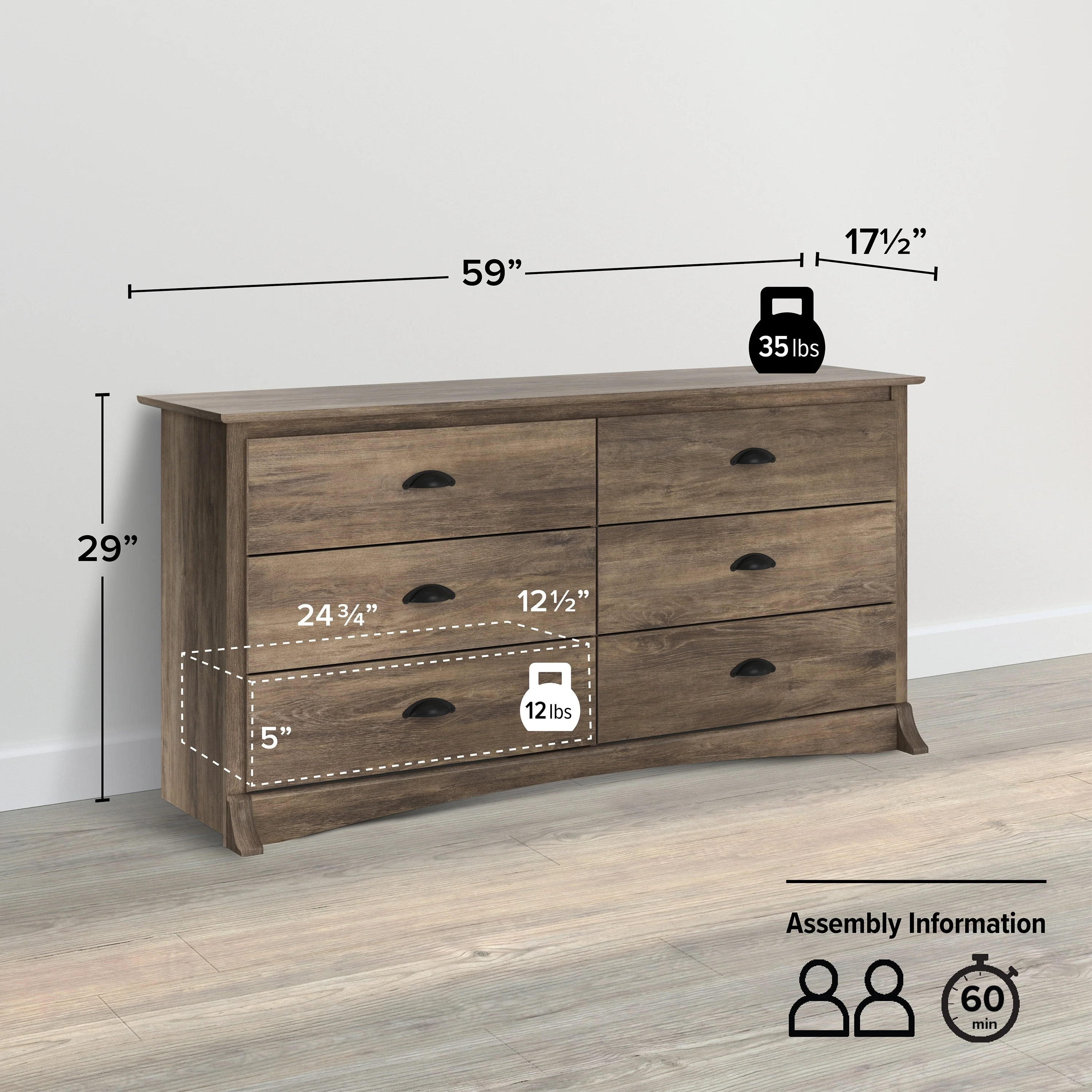 Prepac Salt Spring 6 Drawer Double Dresser for Bedroom, Wide Chest of Drawers, Traditional Bedroom Furniture