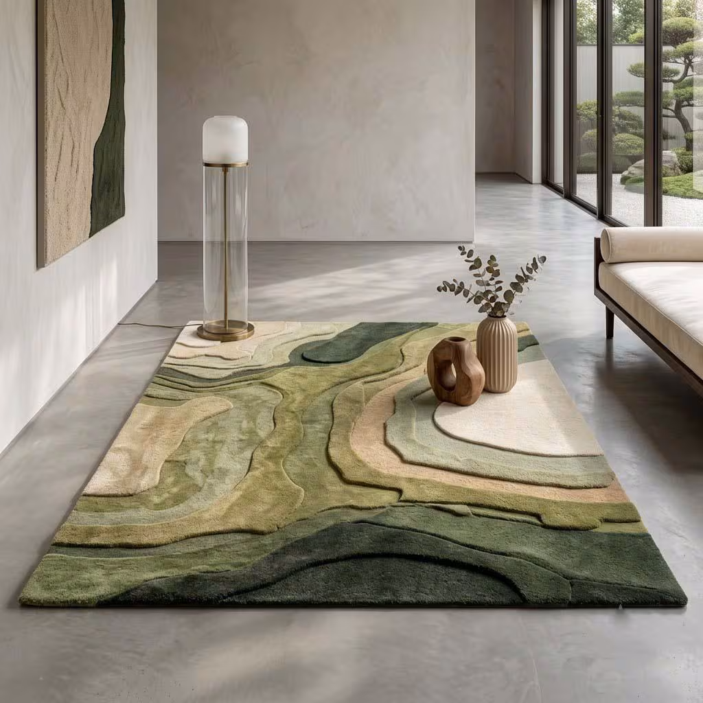 Hand Tufted Green Abstract Rug, Sage Olive Area Rug, 3D Sculpted Wool Carpet, Modern Organic Wave Rug, Contemporary Living Room Decor 6x9