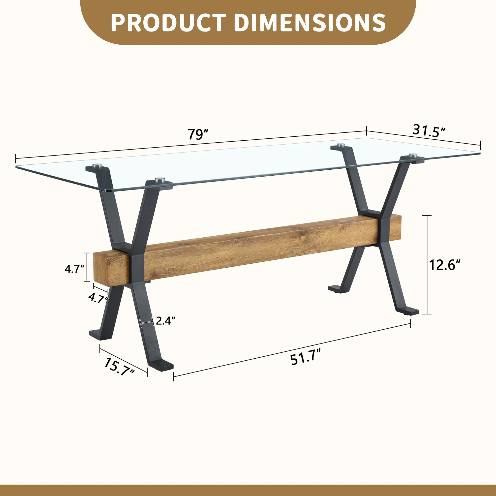 Elegant Transparent Tempered Glass Dining Table,With X-Shaped Metal Table Legs,Wood Grain Textured Mdf Crossbeam