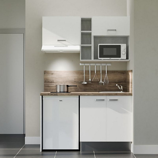Kitchenette K13 façades Blanc - Plan de travail Bois - Crédences : Oui - Evier inox - Electroménager Blanc inclus