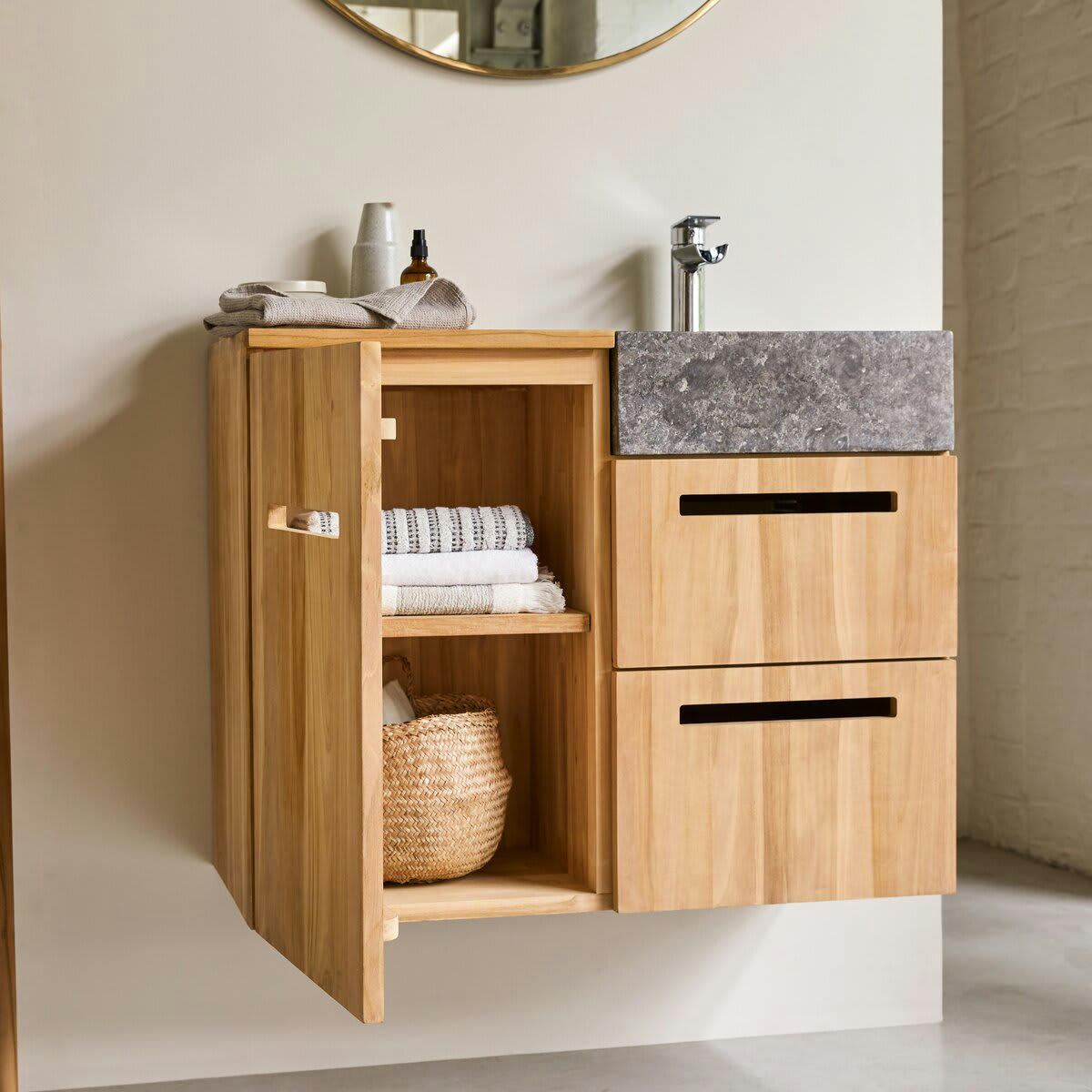 LINE - Meuble salle de bain en teck massif et marbre 85 cm