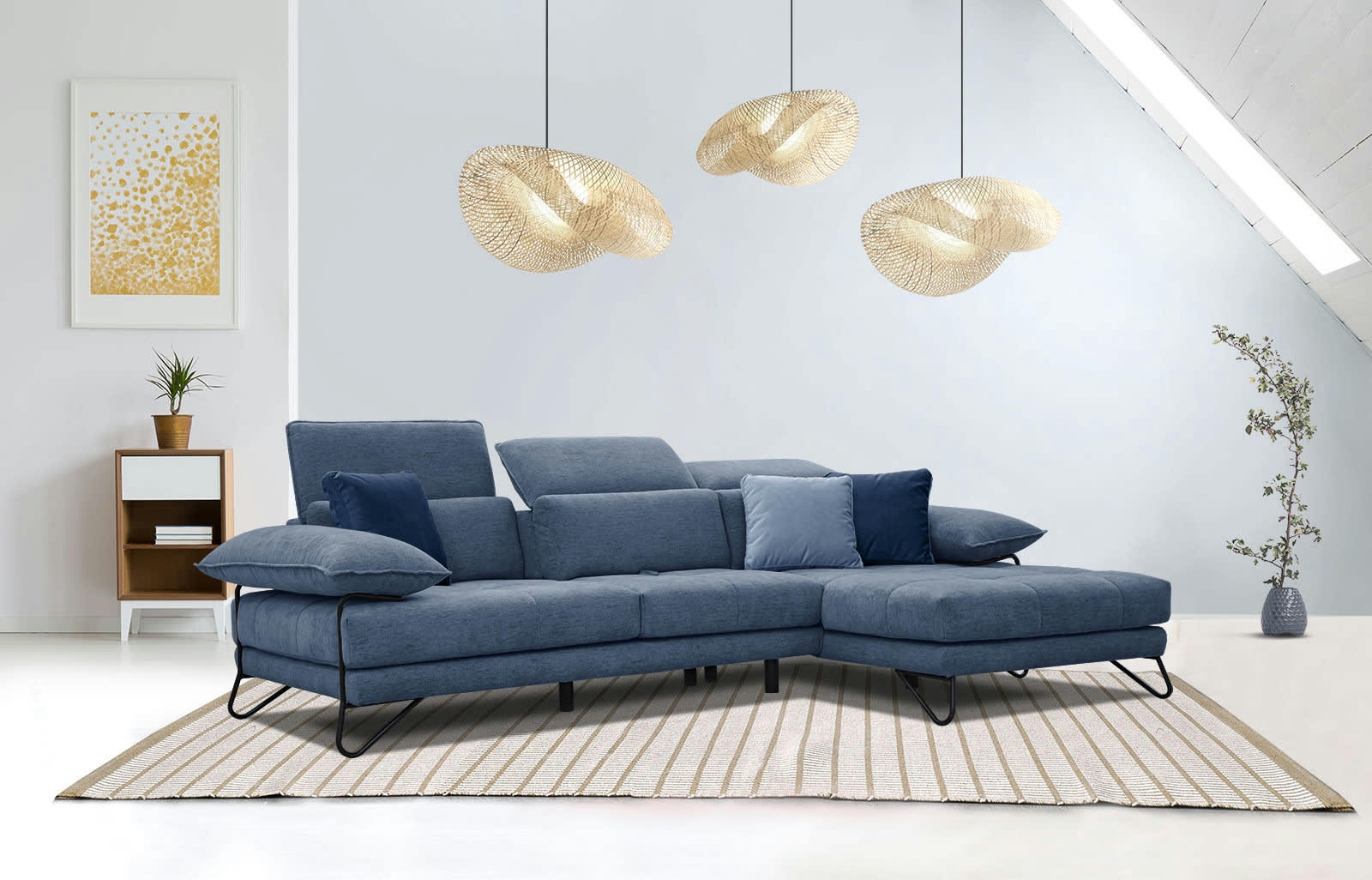 NORDEN - Canapé d'angle droit 4 places en tissu bleu foncé avec coussins déco