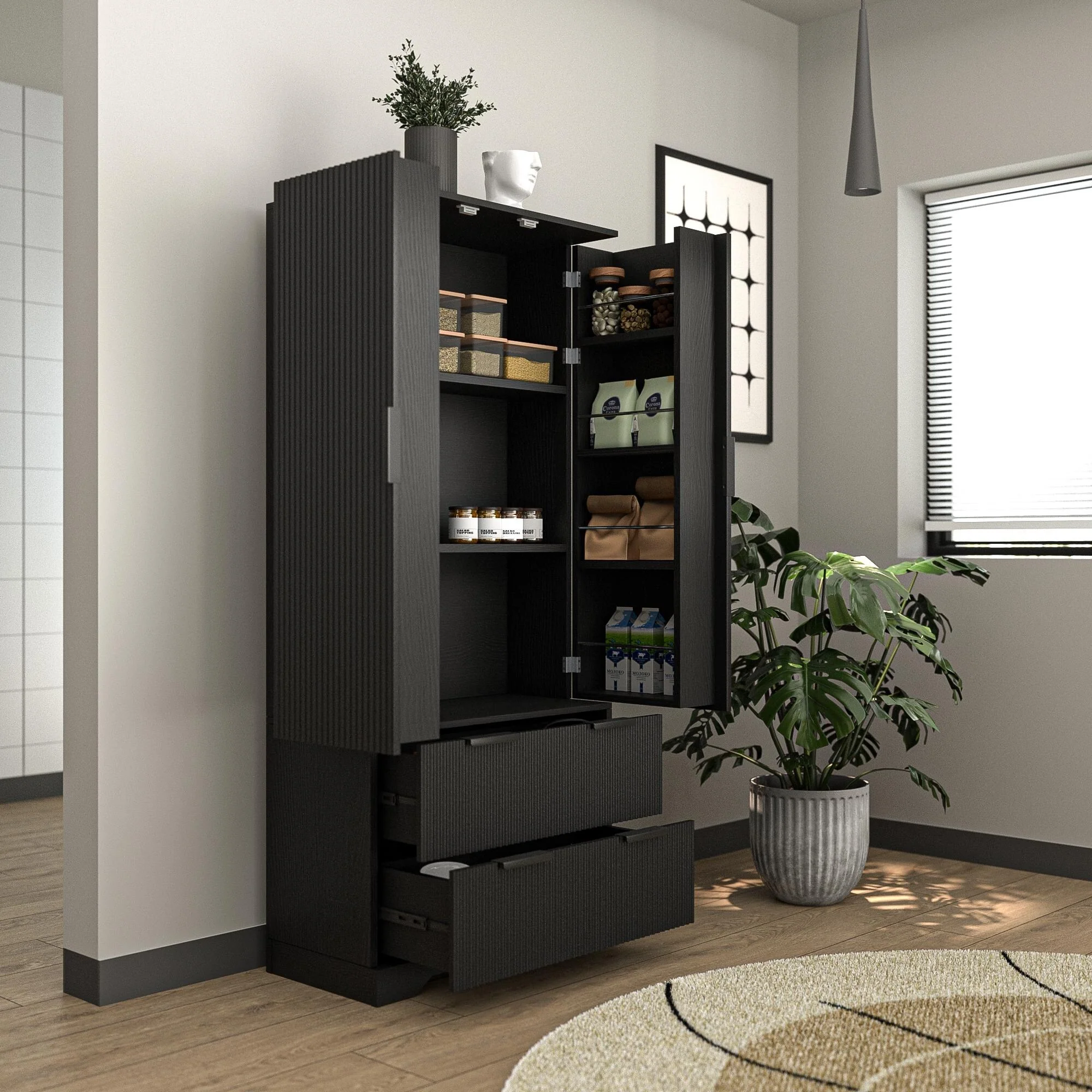 72 Modern Fluted Kitchen Pantry Cabinet with 2 Large Drawers & 8-Door Spice Rack, Freestanding Storage Organizer