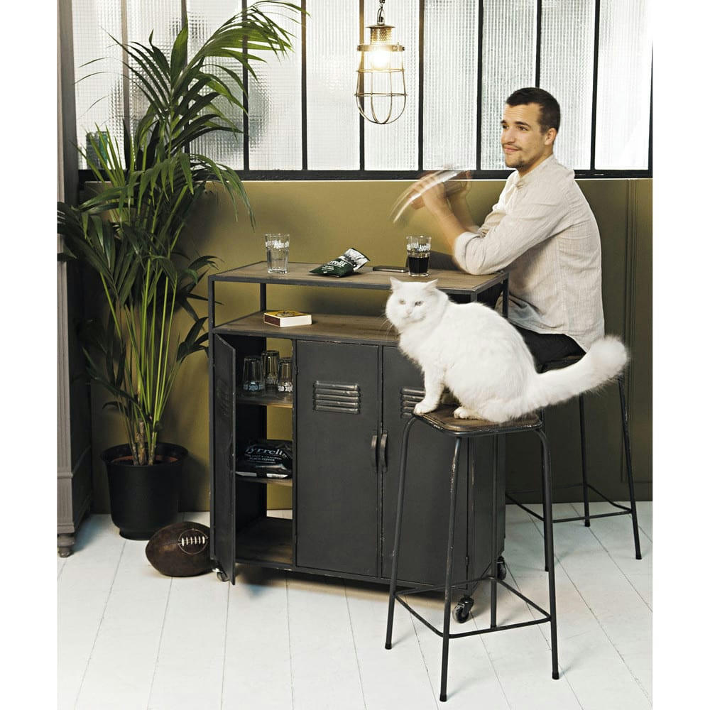 Kraft - Meuble de bar industriel à roulettes en métal gris anthracite