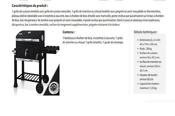 Grand Chariot a Barbecue au Charbon de Bois avec Couvercle Roues Grille et Thermometre