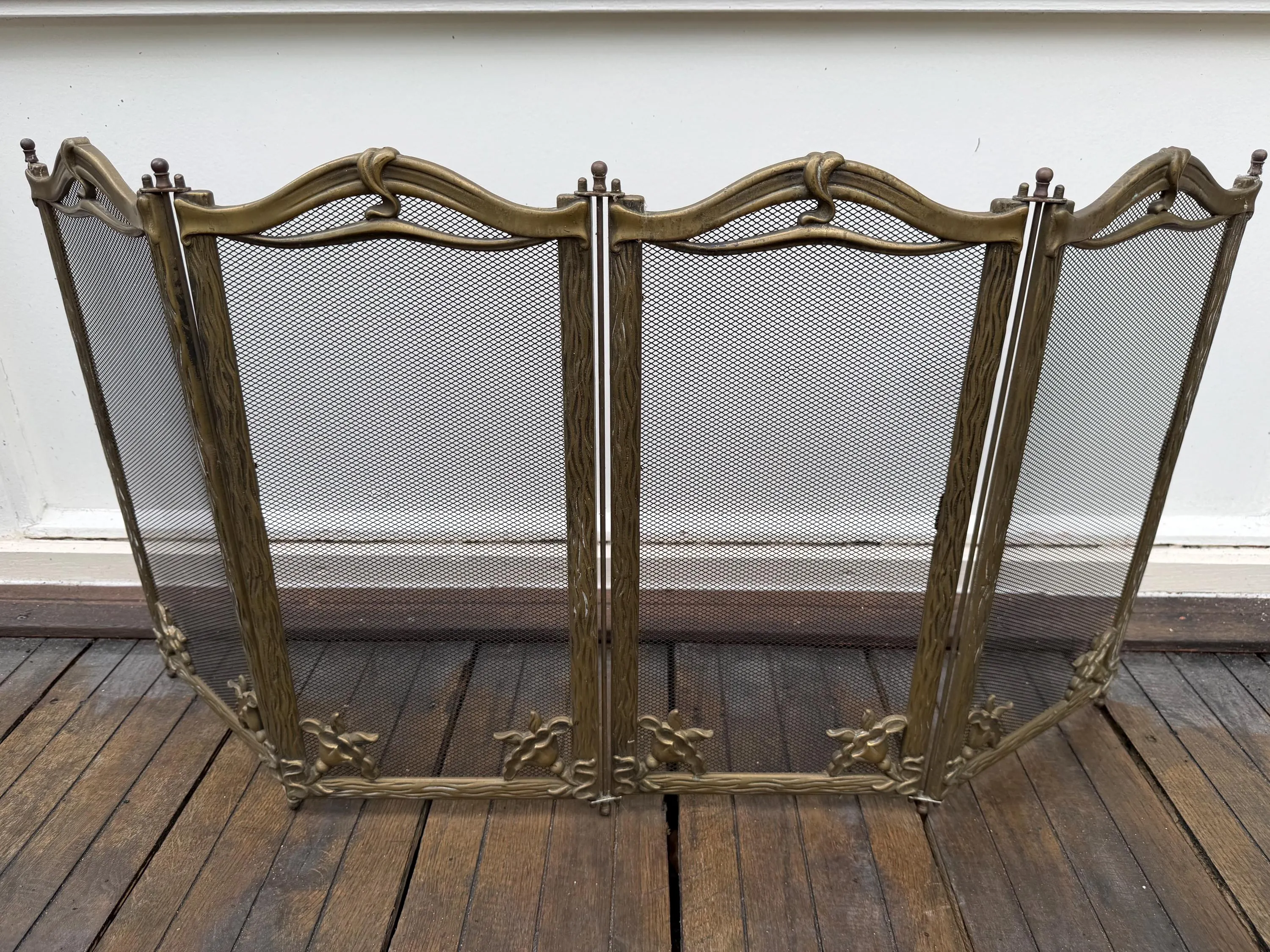 Firescreen, antique art nouveau brass, chic fireplace screen furniture with irises. Art nouveau botanical