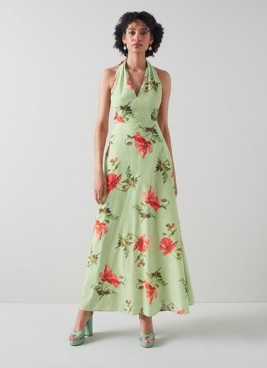 Kristen Pistachio Poppy Print Cotton-Silk Backless Dress