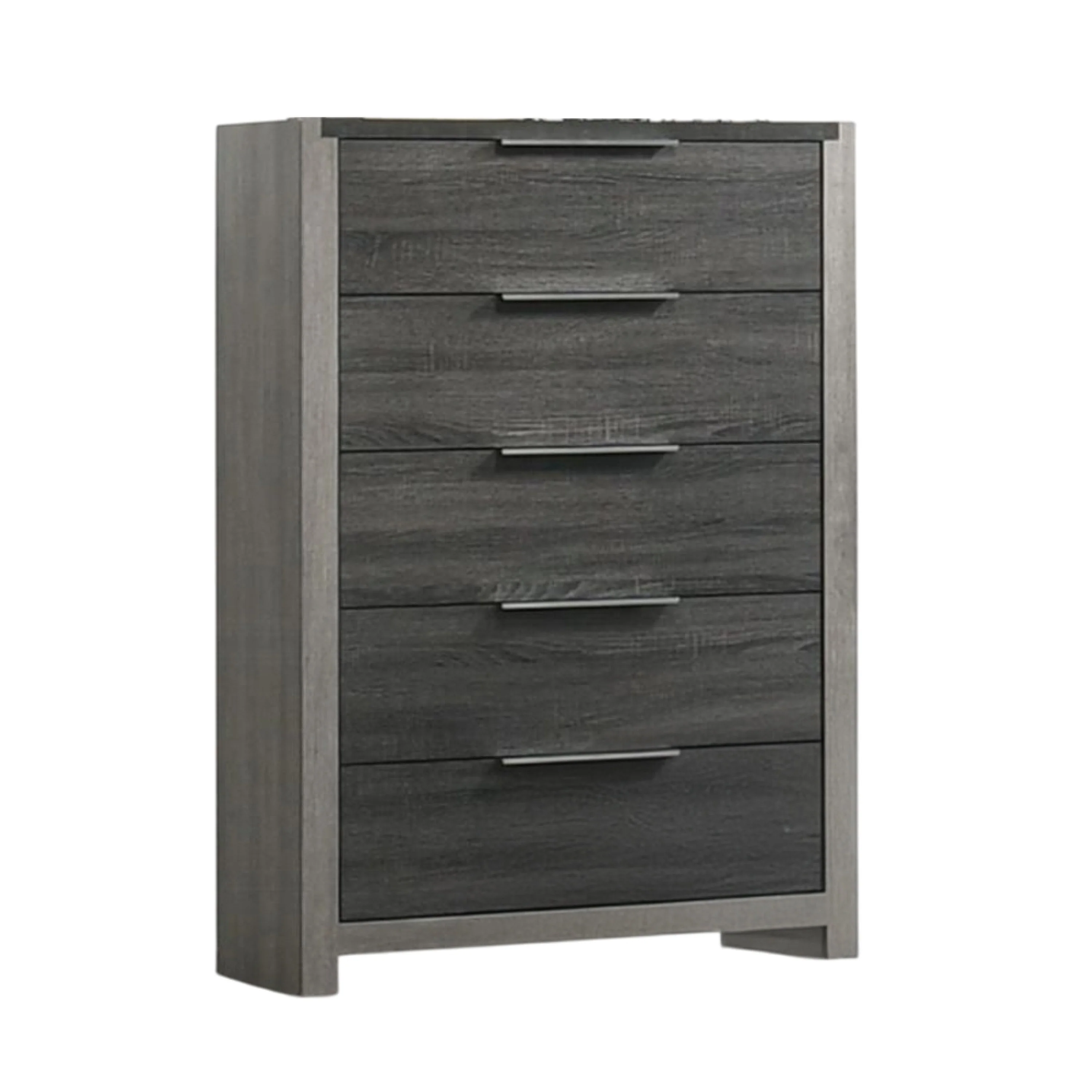 Joho Tall Dresser Chest, 5 Storage Drawers w Metal Handles, Gray Wood