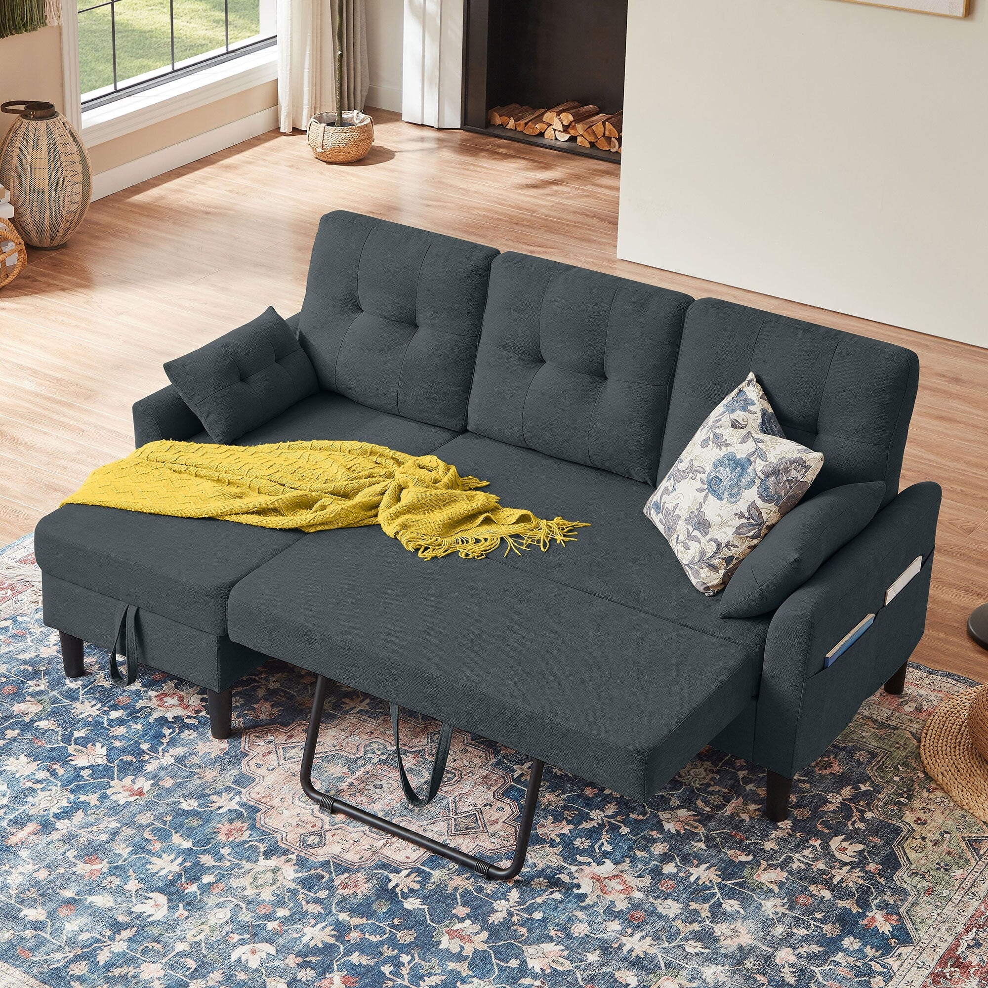 76.18 Upholstered Sleeper Pull Out Sofa Couch with Storage Chaise