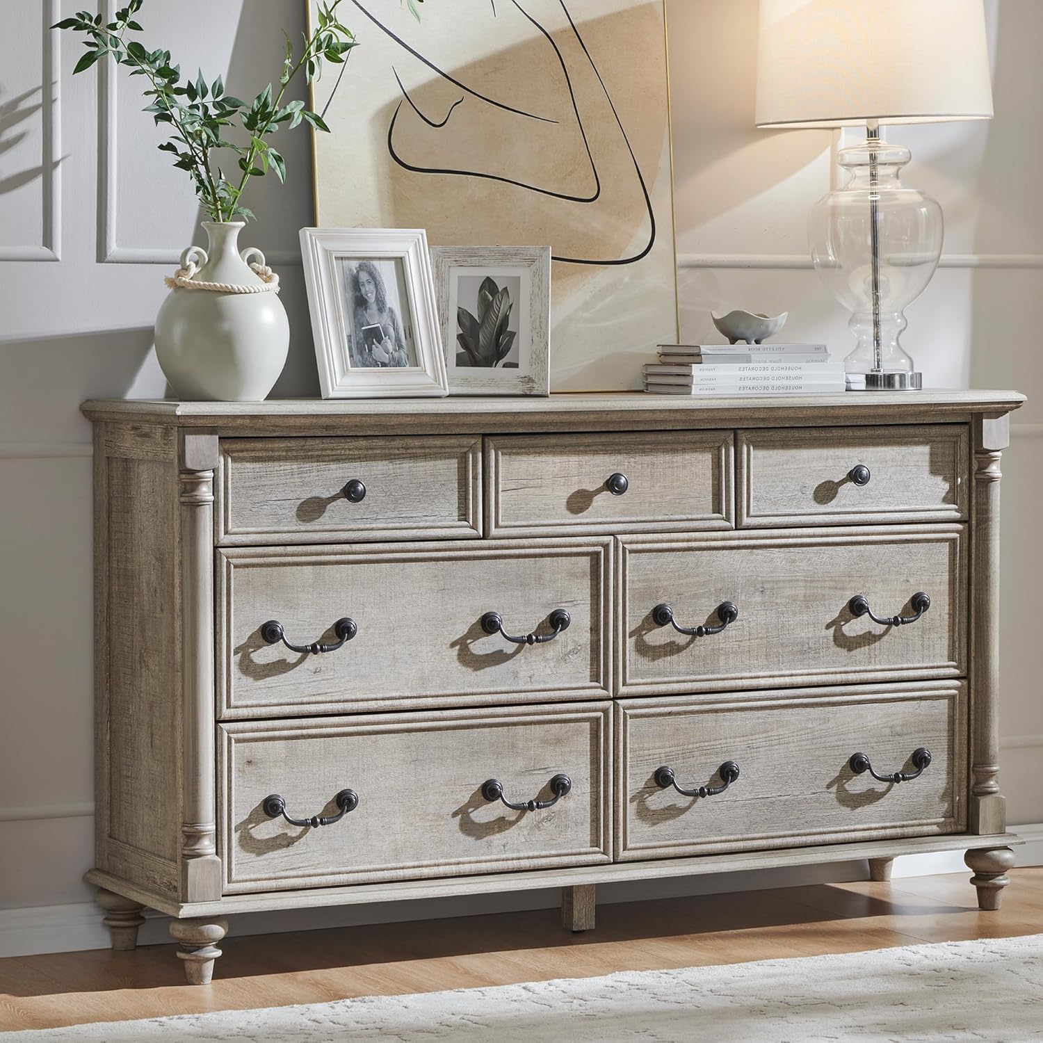 T4TREAM Farmhouse 7 Drawers Dresser Chests for Bedroom w/ 4 Column Solid Wood Feet, Tall Wide Wood Country Rustic Chest of Drawers, Storage Dressers for Bedroom, Living Room, Light Rustic Oak