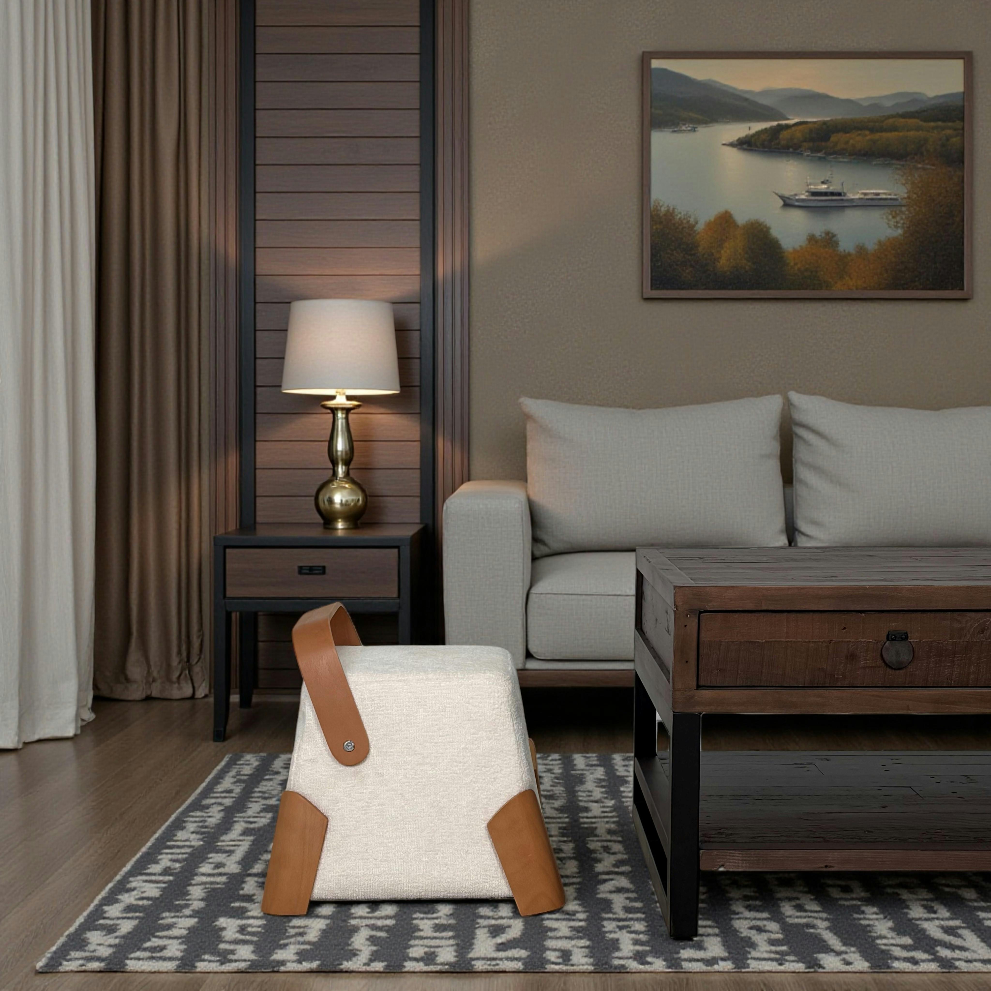 Pouf design blanc avec poignée en bois IENA