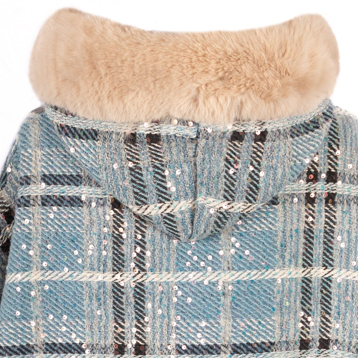 PEACH ACCESSORIES Serene Blue Plaid Hooded Cape with Sequins