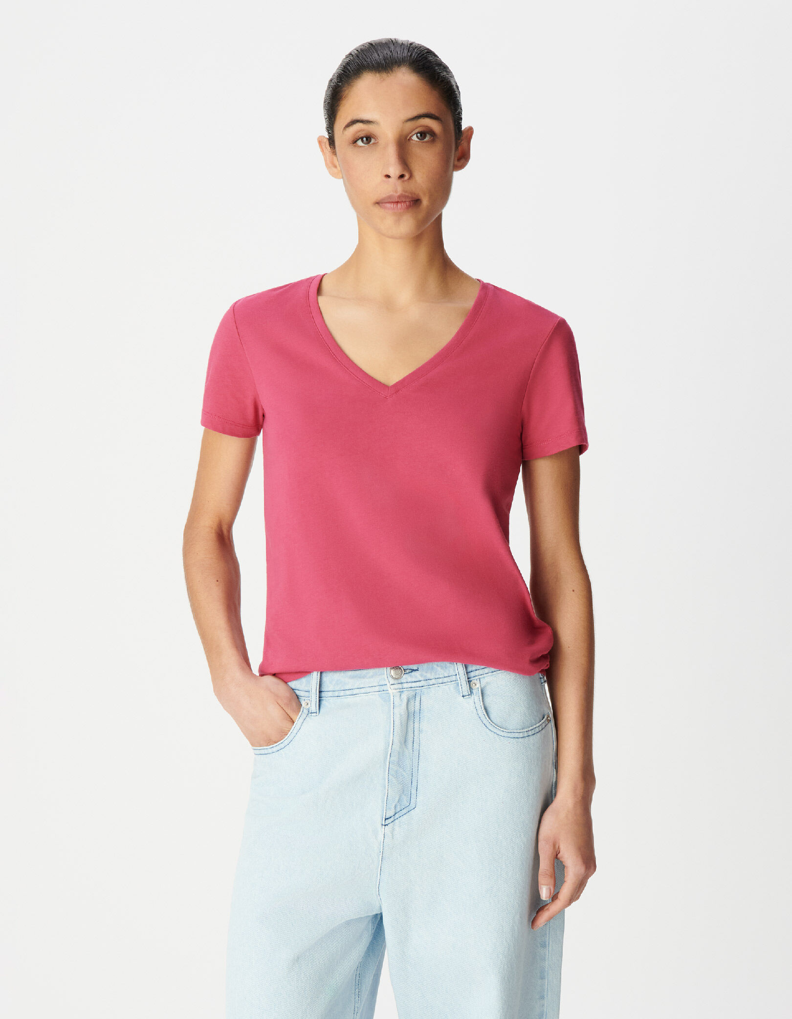 Tee-shirt col V bleu Femme