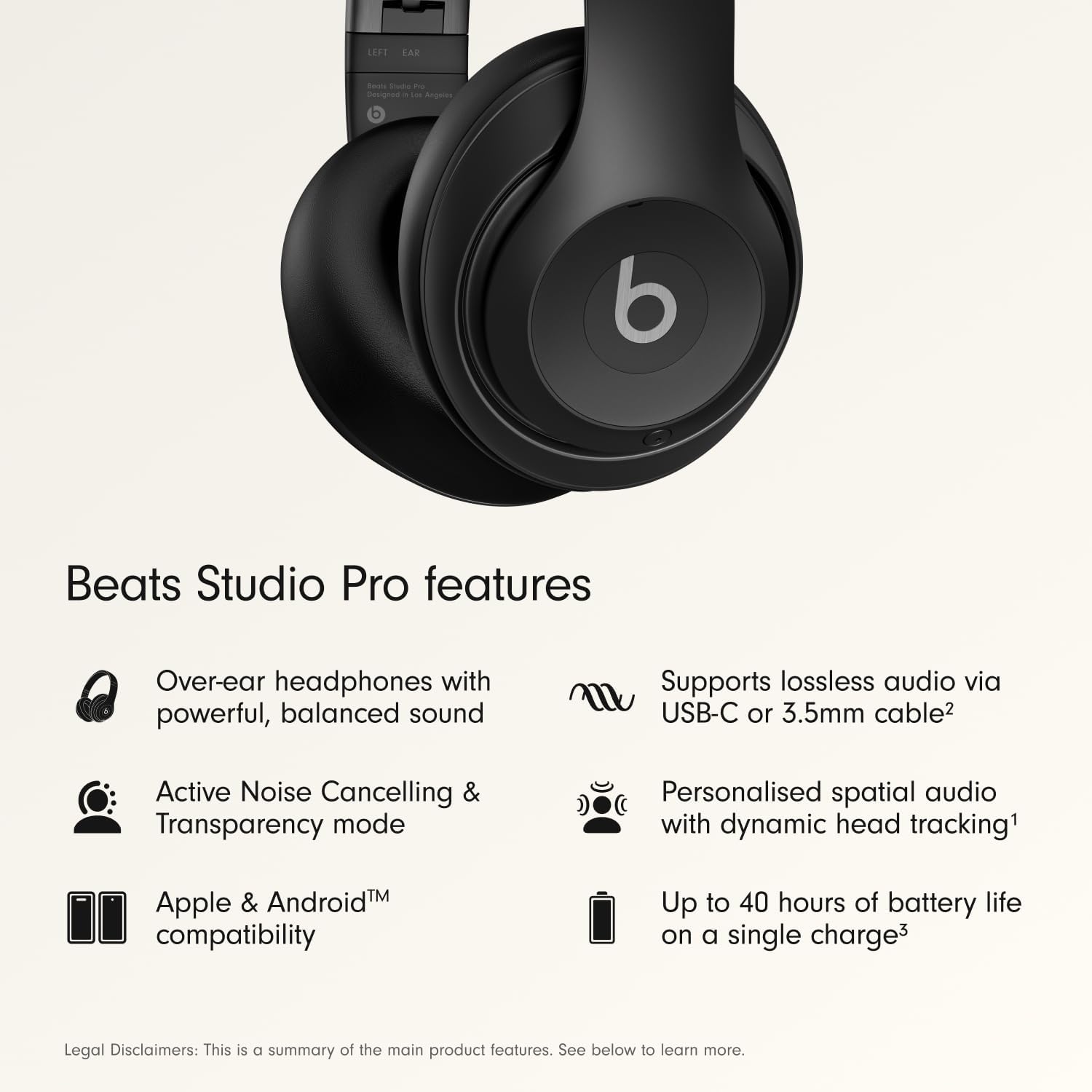 Beats Studio Pro - Premium Wireless Over-Ear Headphones- Up to 40-Hour Battery Life, Active Noise Cancelling, USB-C Lossless Audio, Apple & Android Compatible - Black
