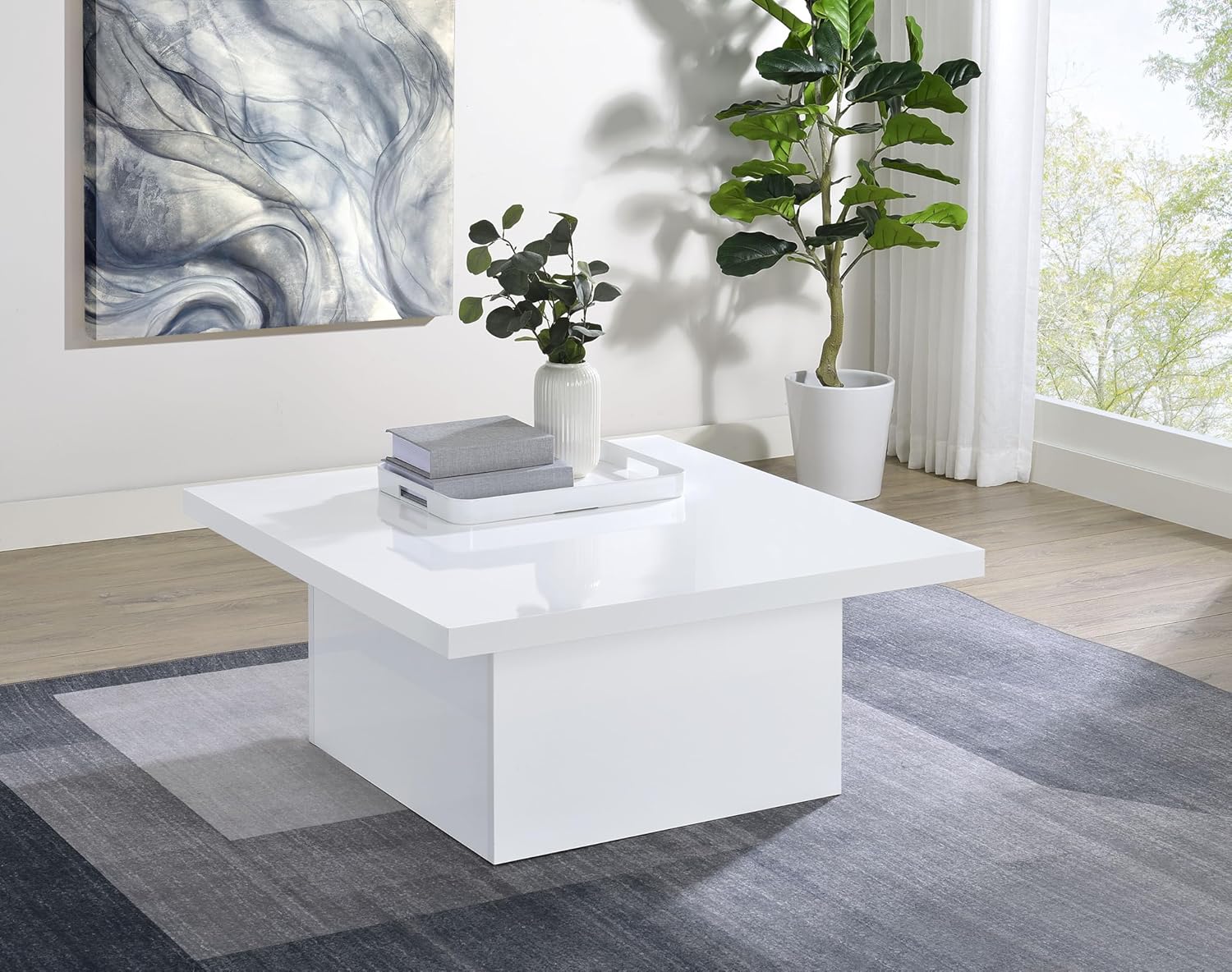 Coaster Home Furnishings - Devar - Wood - Square Coffee Table with Plinth Base, Geometric Design and Contemporary Style - Living Room - White High Gloss - 710898