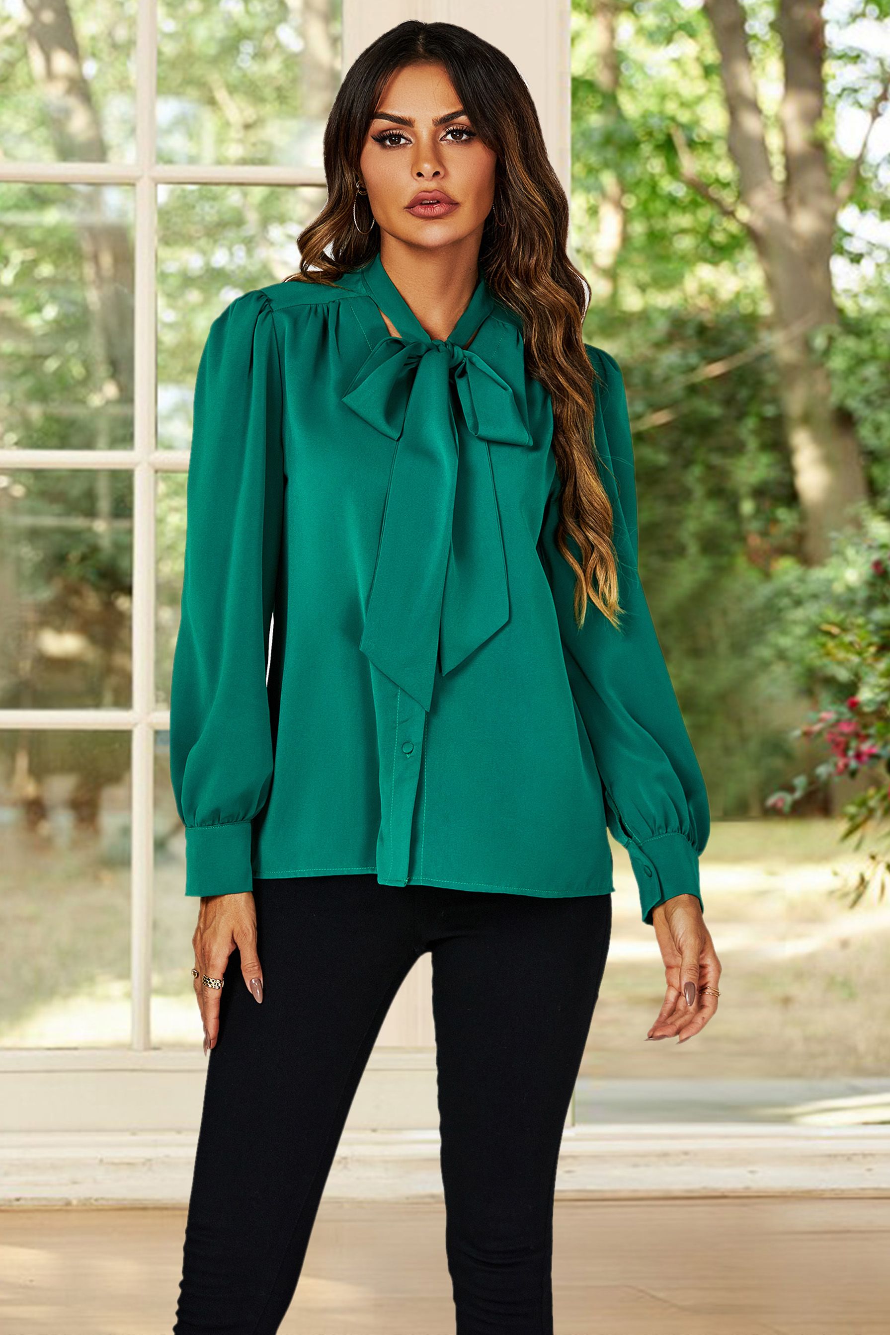 FS Collection Tie Detail long sleeve Blouse Top In Green