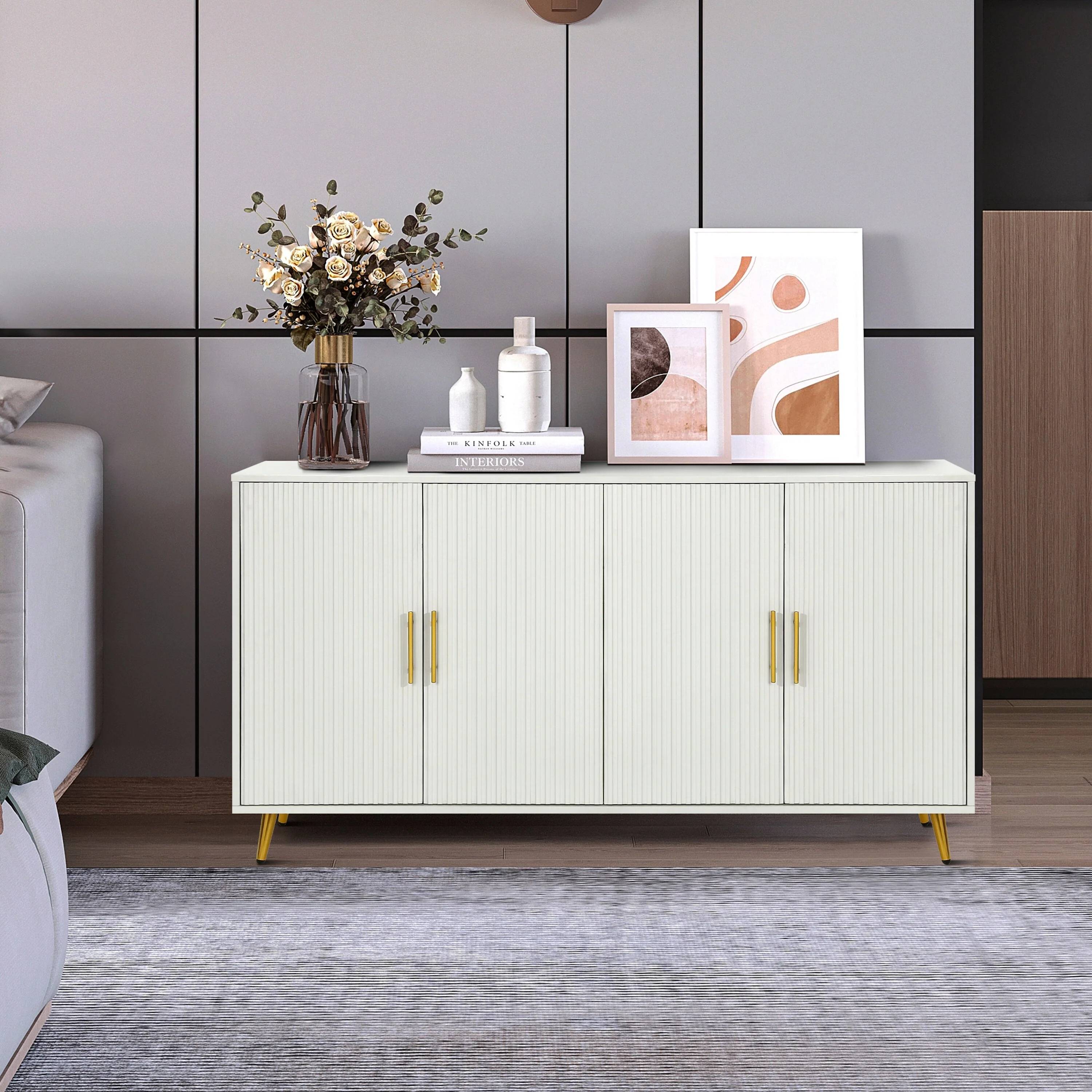 Antique White 60 TV Stand Cabinet with Antique Pull Handle, Storage Cabinet and Adjustable Shelves for TVs Up to 65