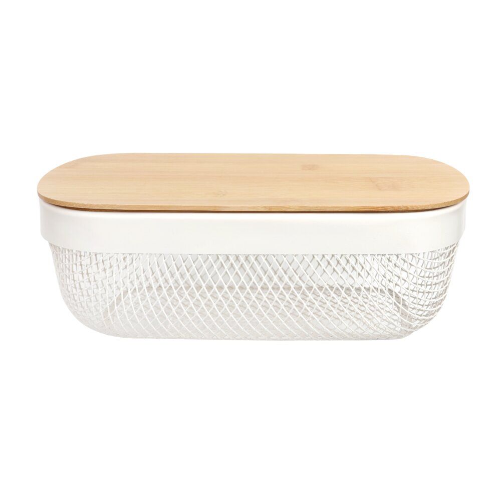 Corbeille cuisine 3L métal grillagé blanc avec couvercle bambou 28x18xH9cm