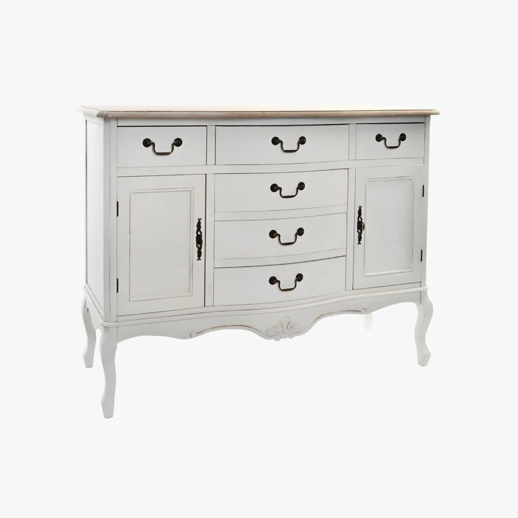 Aparador Branco de Madeira Natural com Duas Portas e Seis Gavetas VERSAILLES