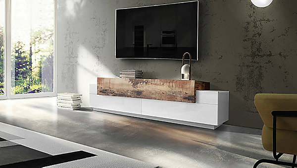 Meuble TV Arold, Buffet bas de salon, Base pour meuble TV, 100% Made in Italy, 200x45h52 cm, Blanc brillant et érable