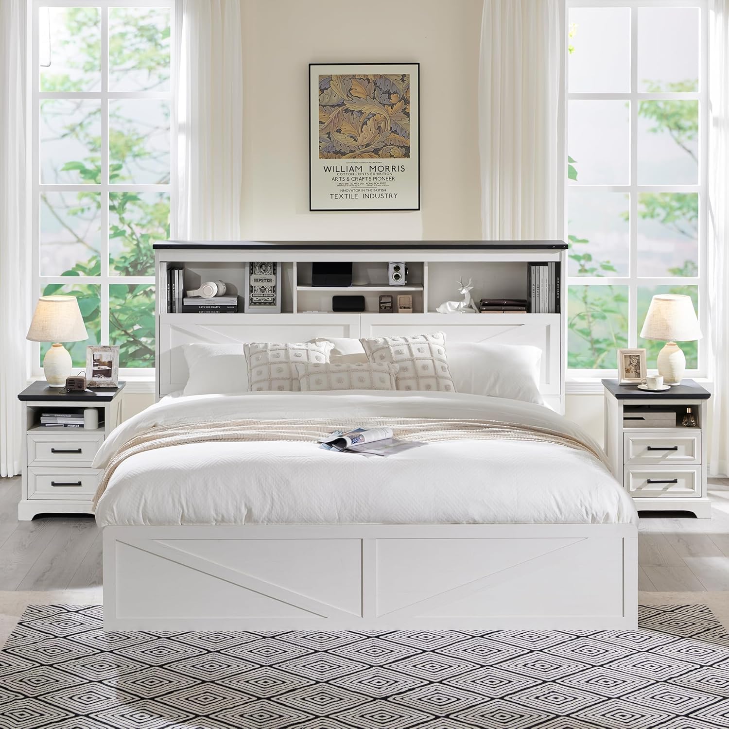 ACCOHOHO King Bed Frame Farmhouse with 52 Storage Bookcase Headboard, 4 Drawers Wooden Bed Frame, LED Light, Charging Station - White