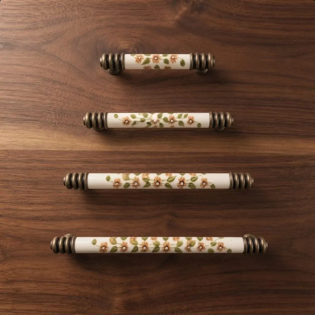 Hand Painted Floral Porcelain Cabinet Pulls, Antique Brass Drawer Handles, Vintage Farmhouse Kitchen Hardware