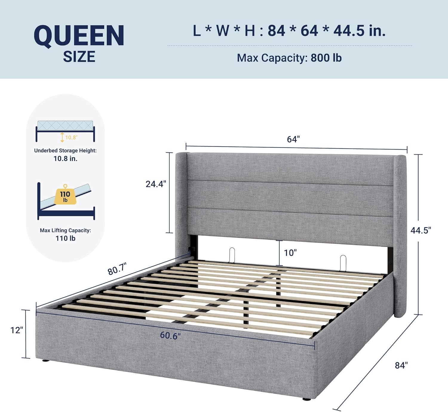 Allewie Queen Size Lift Up Storage Bed, Modern Wingback Headboard, Hydraulic Support, No Box Spring Needed, Light Grey