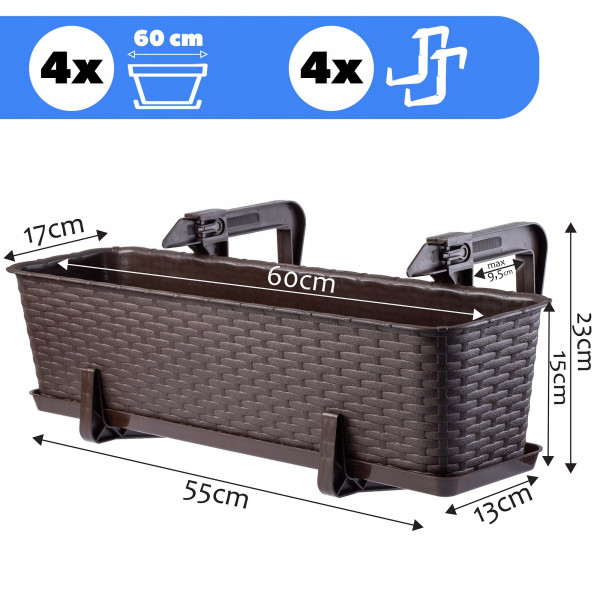 Kadax 4x Skrzynka Balkonowa 60cm Uchwyty Brązowa