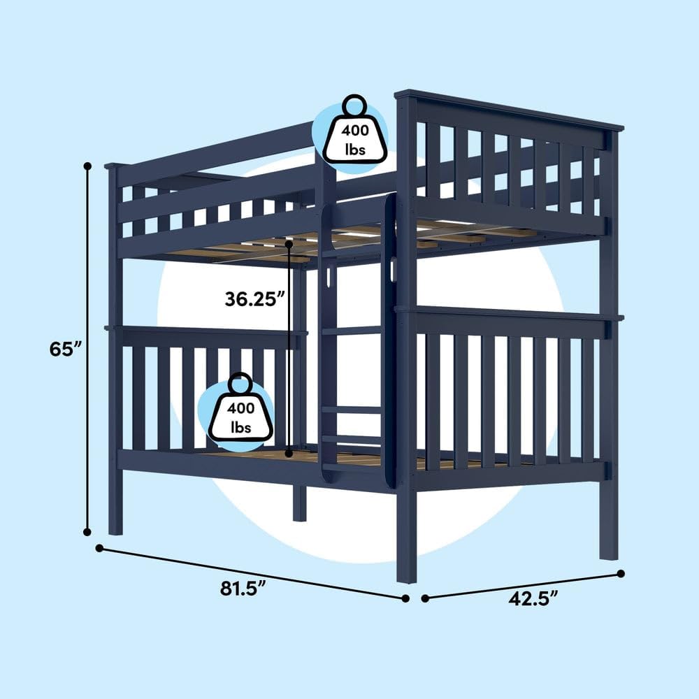 Max & Lily Bunk Bed Twin over Twin, Solid Wood Bunk Bed Frame with Ladder for Kids, 14 Safety Guardrails, Easy Assembly, No Box Spring Needed, Blue