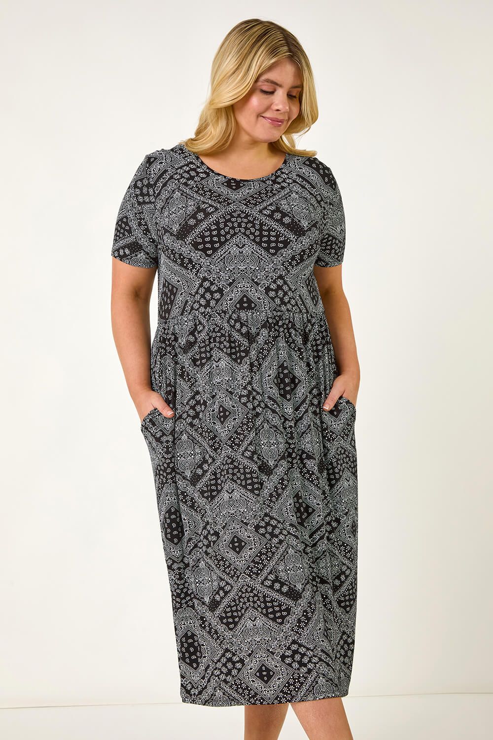 Roman Curve Paisley Print Stretch Midi Dress