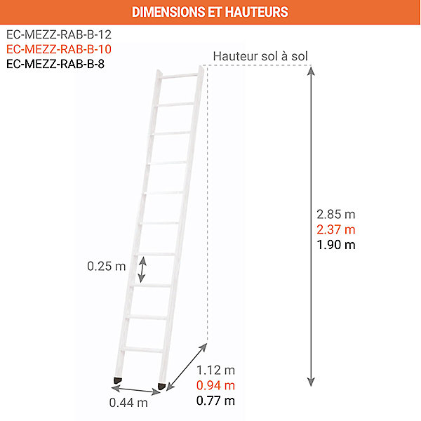 Echelle de meunier rabattable Blanc RAL 9010 8 marches - Hauteur de sol à sol 1,90m - EC-MEZZ-RAB-B-8