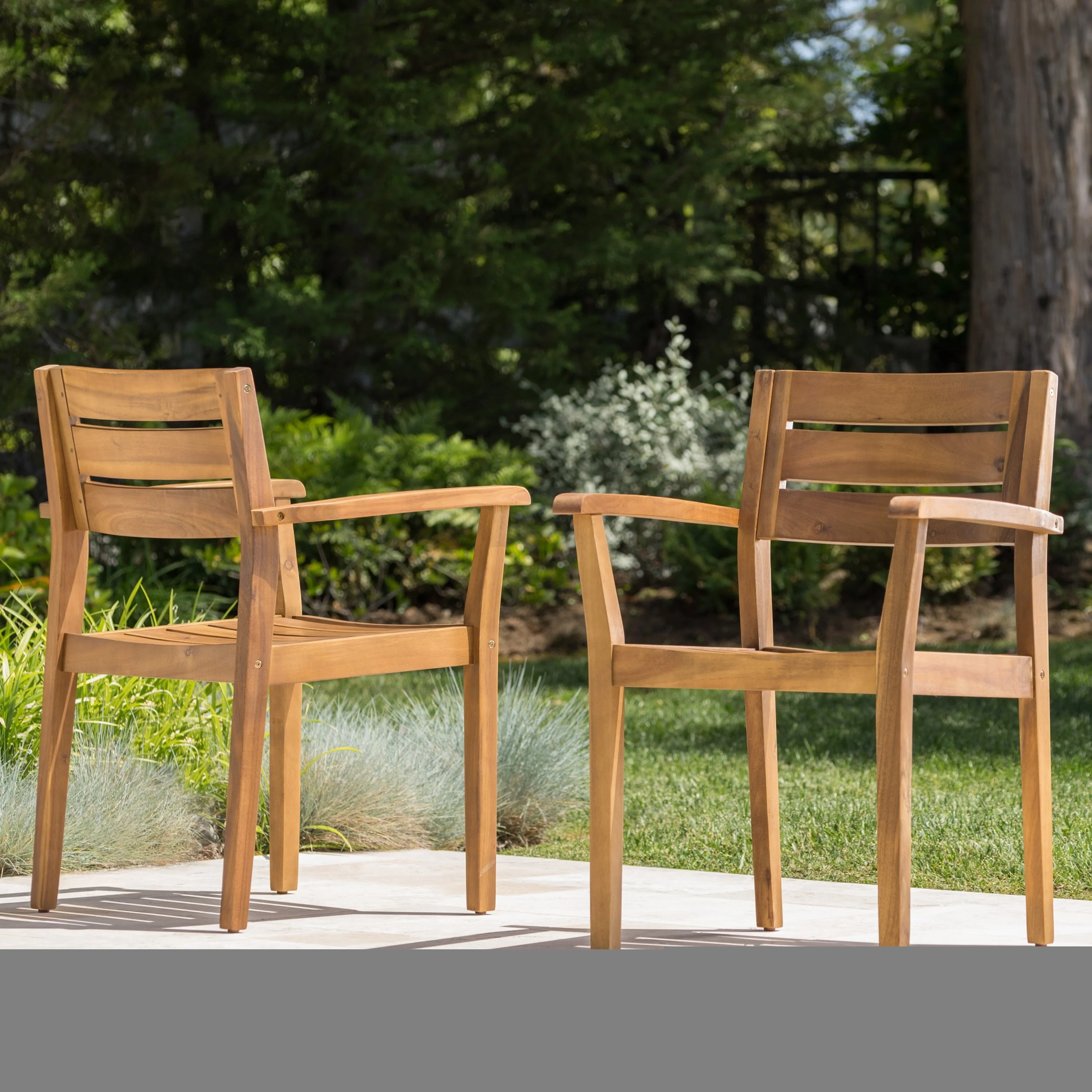 Country Style Outdoor Dining Chairs Set of 2, Acacia Wood Patio Armchair for Backyard, Poolside, Garden
