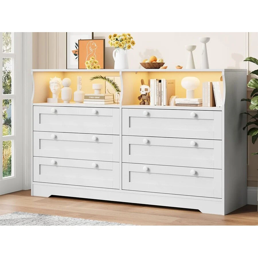 6 Drawer Dresser for Bedroom with Power Outlet and LED Light