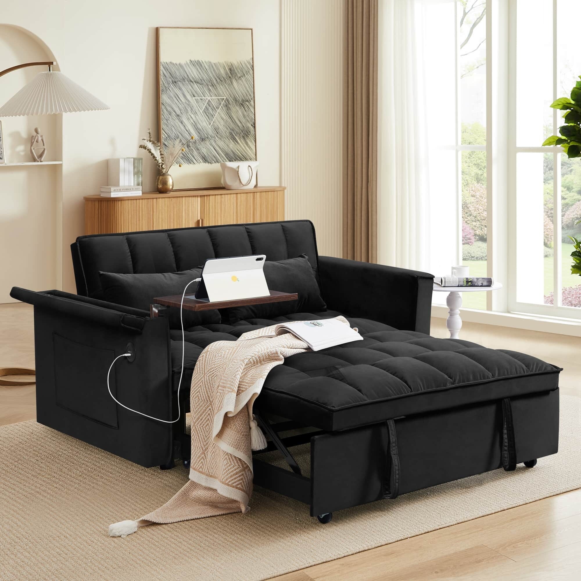55.5 Convertible Velvet Double Sleeper Sofa Bed with Hidden Side Table