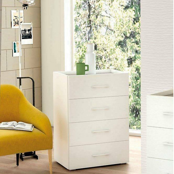 Commode Solano, commode à 4 tiroirs pour la chambre, bureau polyvalent ou meuble d'étude, 60x41h87 cm, blanc