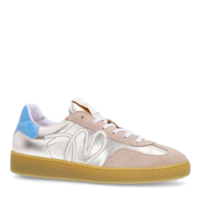 Manfield Beige leren sneakers met goudkleurige & blauwe details