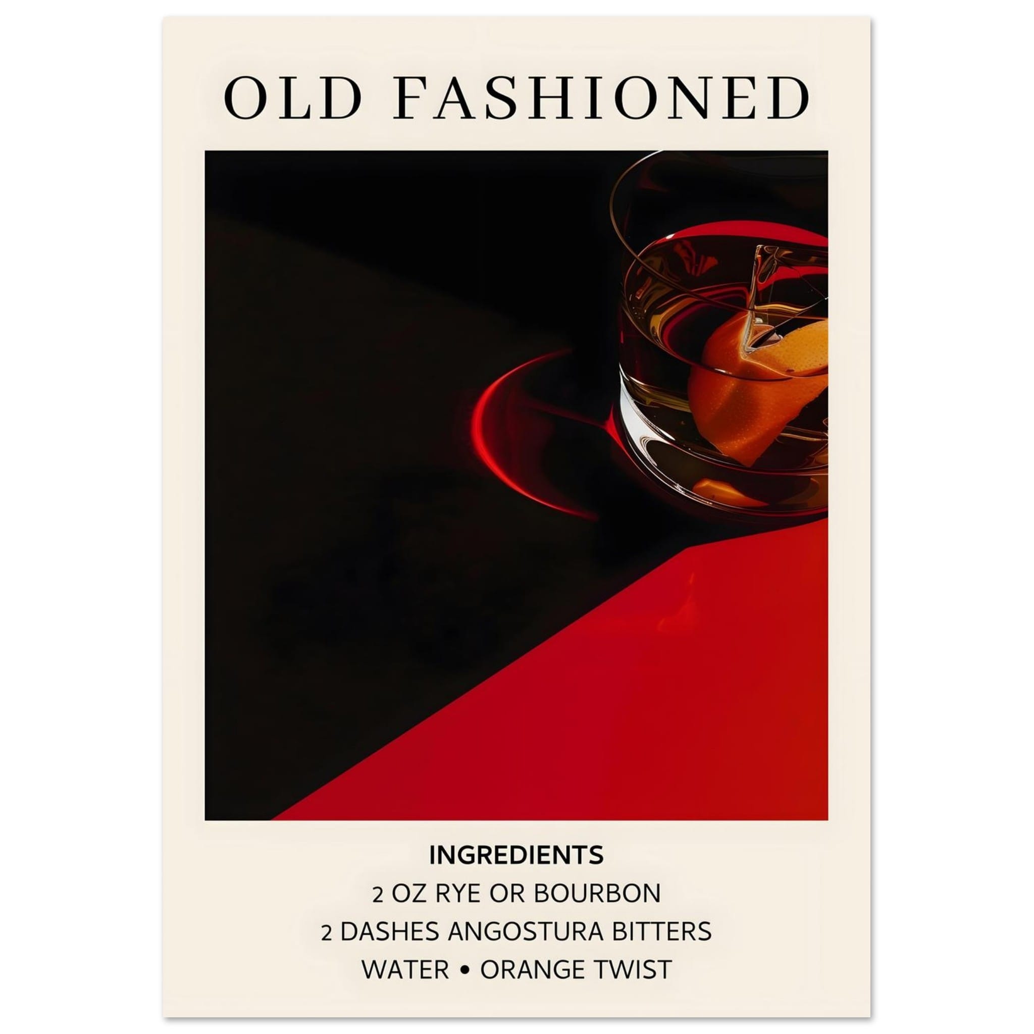 Artfulprints Poster Old Fashioned cocktail - Ingrediënten  - A4 21x29.7 cm - Zwart